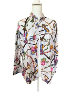 Talbots White Sheer Chain & Floral Print Blouse